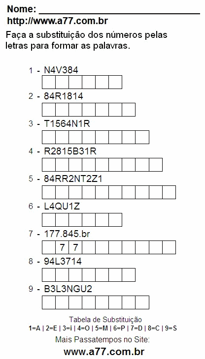 Passatempo Educativo de Substituir Nº Por Letras Para Imprimir