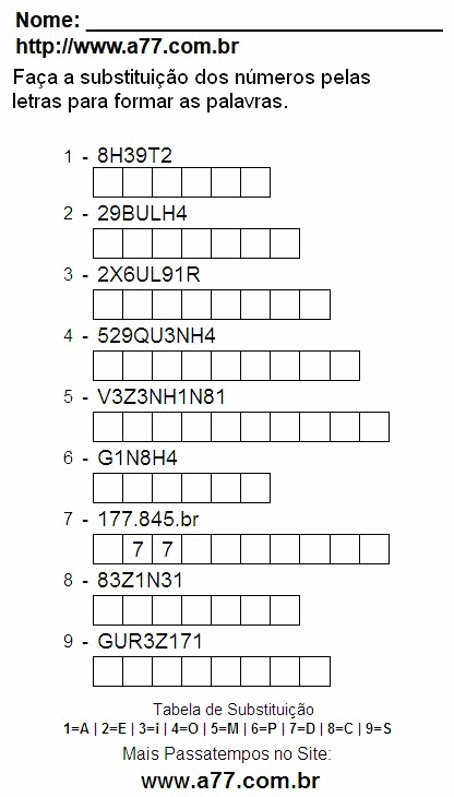 Passatempo Grátis Com Letras e Números Para Impressão