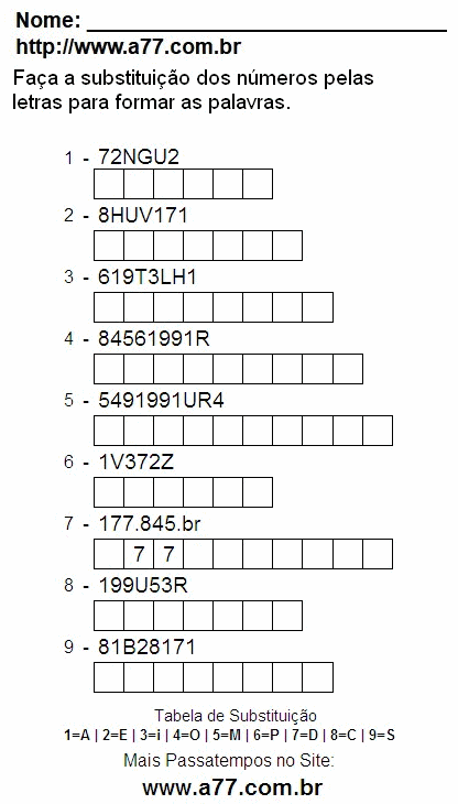 Passatempo Educativo de Substituir Números Por Letras Para Imprimir