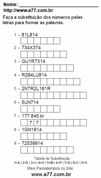 Passatempo Para Ser Impresso Com Letras e Números