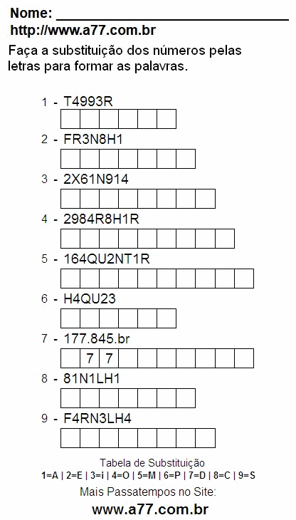 Passatempo Grátis Com Letras e Números Para Imprimir