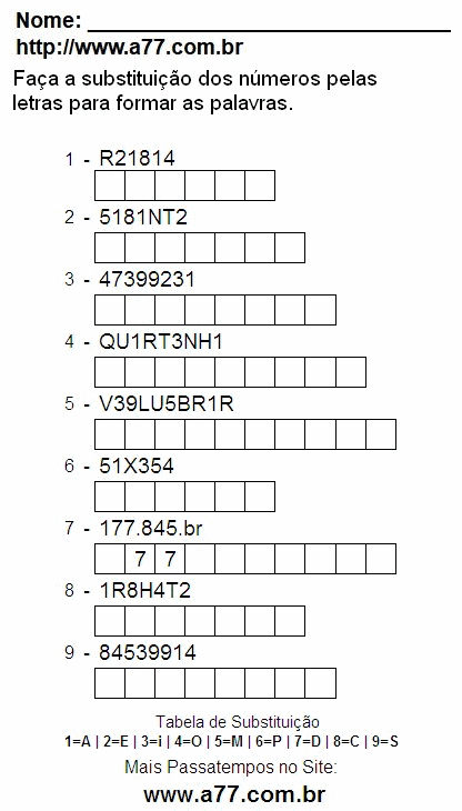 Passatempo Para Imprimir de Substituir Números de 0 a 9 Por Letras