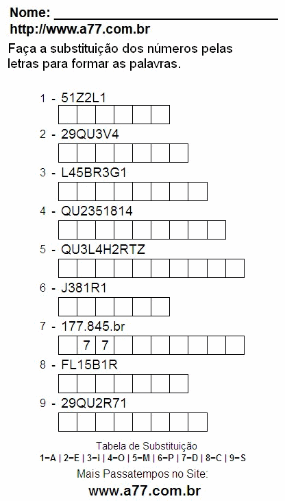 Passatempo Educativo de Substituir Nº Por Letras Para Impressão