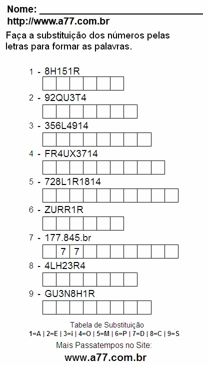 Passatempo Fácil Com Letras e Números Para Imprimir