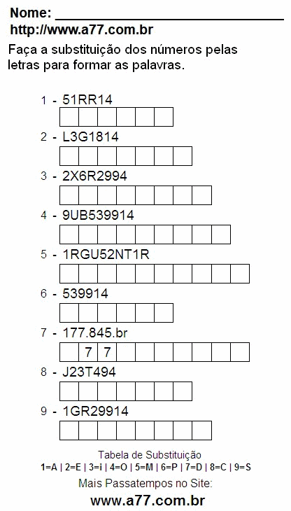 Passatempo Enigma de Letras e Números Para Ser Impresso