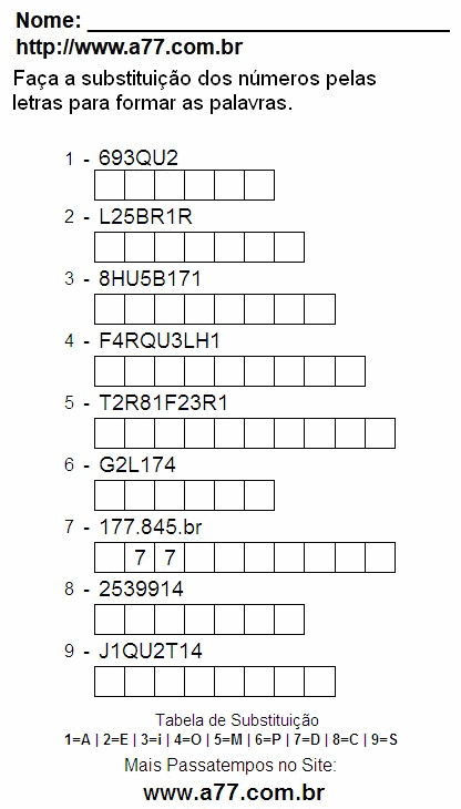 Passatempo Para Impressão de Substituir Números de 0 a 9 Por Letras