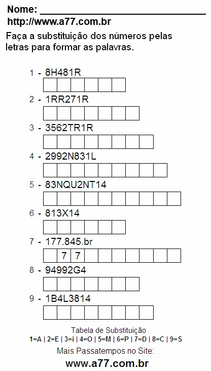 Passatempo de Substituir Nº Por Letras Para Imprimir