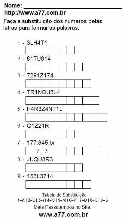 Passatempo Grátis Com Números, Letras e Palavras Para Imprimir