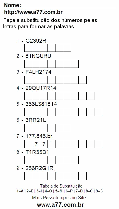 Passatempo Educativo Para Impressão de Substituir Números de 0 a 9 Por Letras