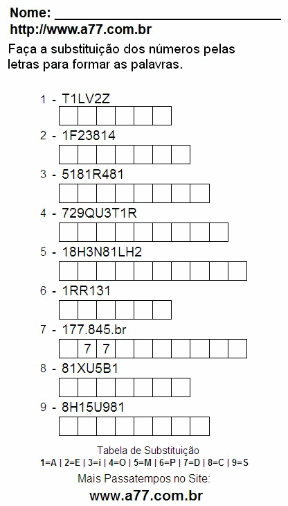 Passatempo Com Letras e Números Para Imprimir