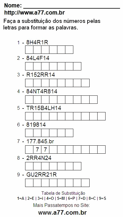 Passatempo de Substituir Números Por Letras Para Imprimir