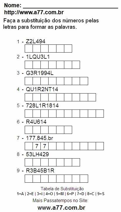 Passatempo Pedagógico de Substituir Nº Por Letras Para Imprimir