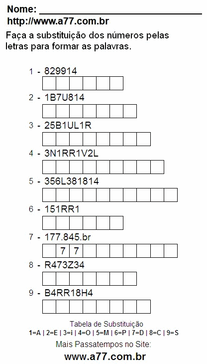 Passatempo Educativo Para Imprimir de Fazer a Substituição de Números Por Letras