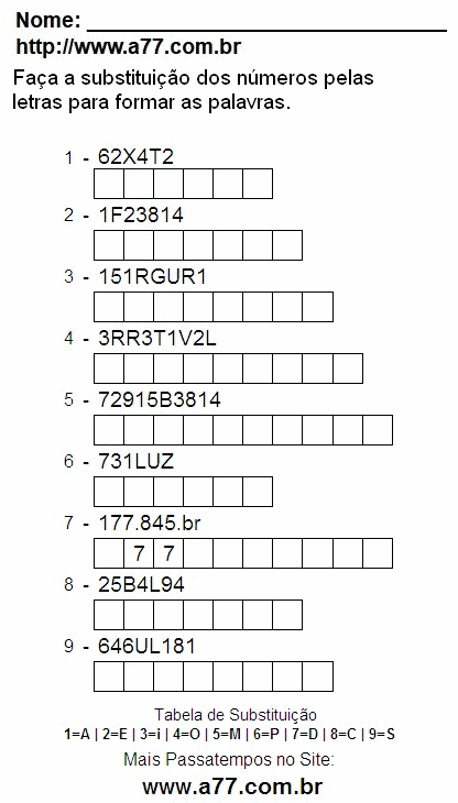 Passatempo Pedagógico de Substituir Números Por Letras Para Impressão