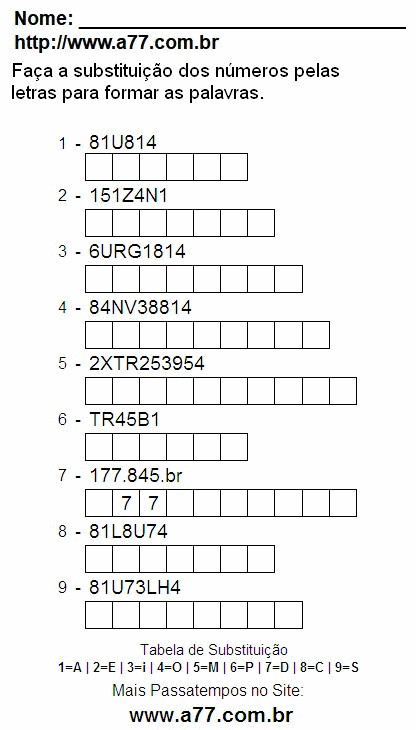 Passatempo Pedagógico Para Imprimir de Substituir Números de 0 a 9 Por Letras