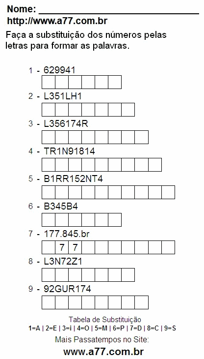 Passatempo Educativo de Substituir Nº Por Letras Para Imprimir