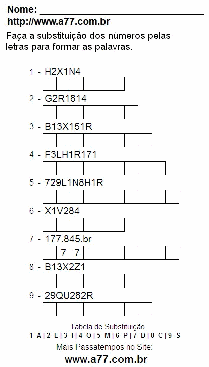 Passatempo Para Impressão de Fazer a Substituição de Números Por Letras