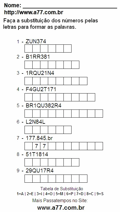 Passatempo Pedagógico de Substituir Números Por Letras Para Impressão