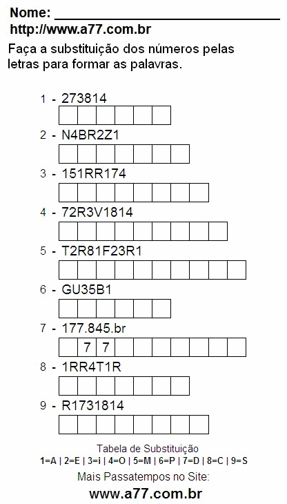 Passatempo Educativo de Substituir Números Por Letras Para Impressão