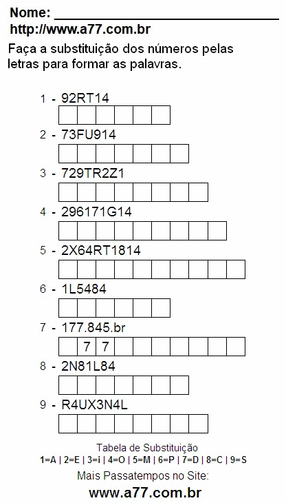 Passatempo Grátis Com Letras e Números Para Impressão