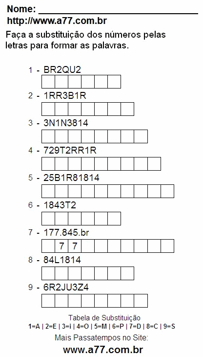 Passatempo Grátis Com Números, Letras e Palavras Para Imprimir