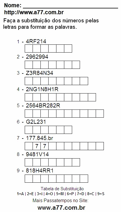 Passatempo Para Imprimir de Substituir Números de 0 a 9 Por Letras