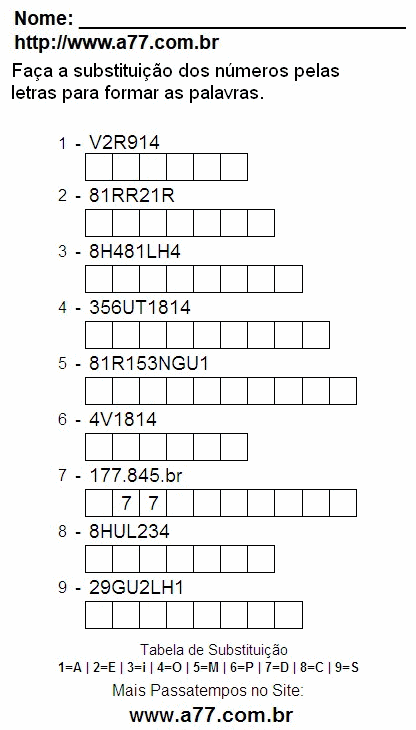 Passatempo Educativo de Substituir Números Por Letras Para Imprimir