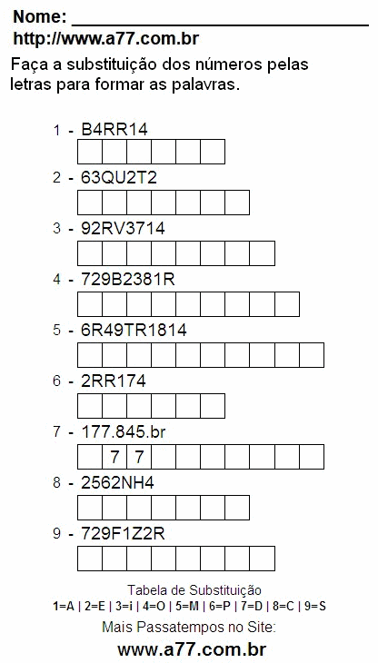 Passatempo Grátis Com Letras e Números Para Imprimir