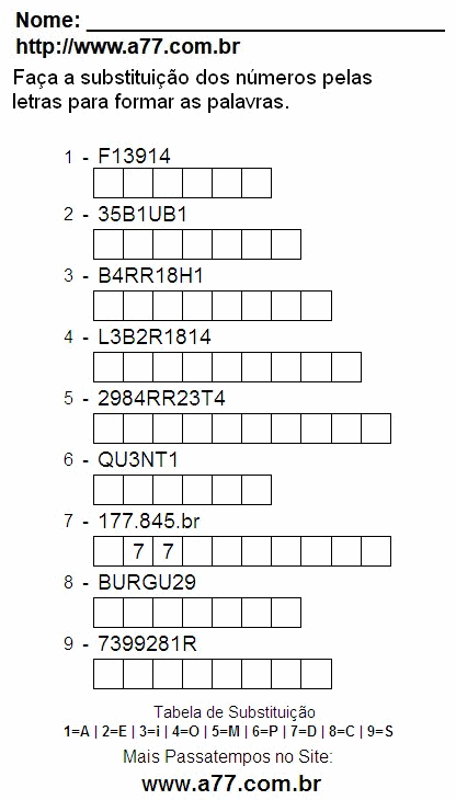 Passatempo Pedagógico Para Imprimir de Fazer a Substituição de Números Por Letras