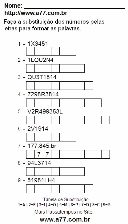 Passatempo Fácil Com Letras e Números Para Impressão