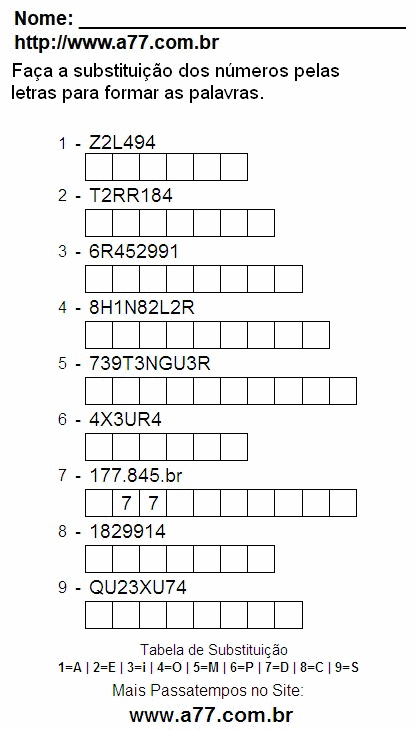 Passatempo de Substituir Números Por Letras Para Impressão