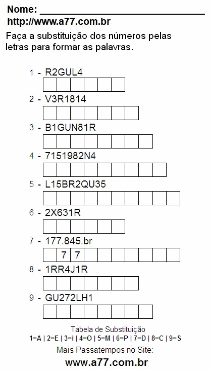 Passatempo Educativo de Substituir Nº Por Letras Para Imprimir