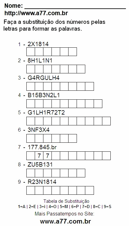 Passatempo de Substituir Nº Por Letras Para Imprimir