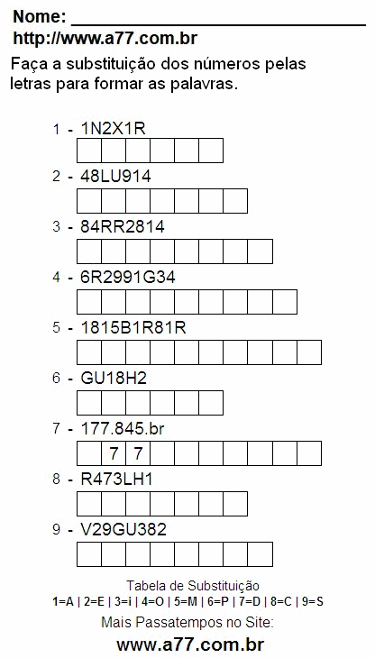 Passatempo Pedagógico de Substituir Nº Por Letras Para Imprimir