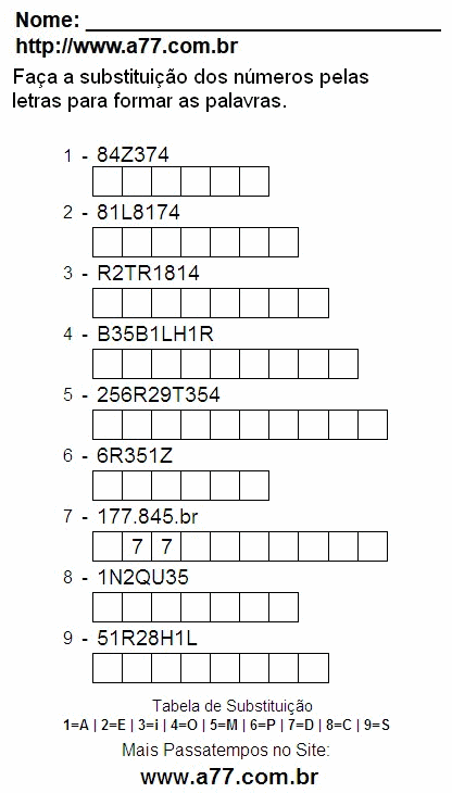 Passatempo Lúdico de Substituir Nº Por Letras Para Imprimir