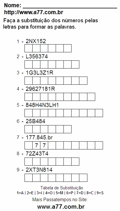 Passatempo Pedagógico de Substituir Nº Por Letras Para Impressão