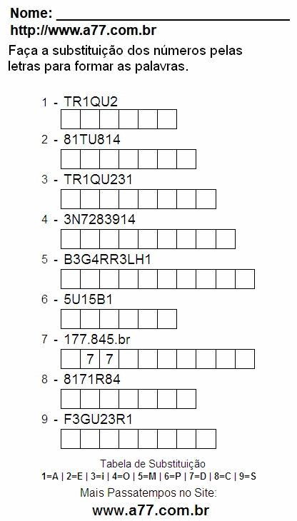 Passatempo Enigma de Letras e Números Para Impressão