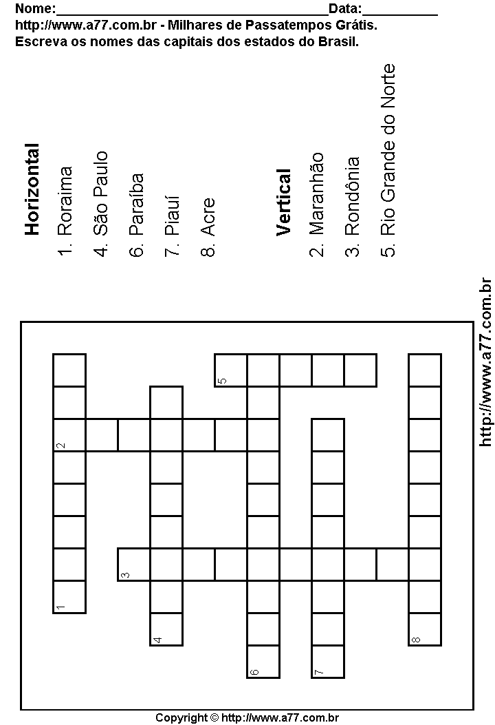 Cruzadinha Para Imprimir com as Capitais do Brasil