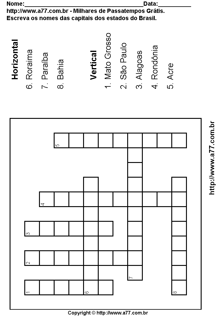 Cruzadinha Para Imprimir com as Capitais do Brasil