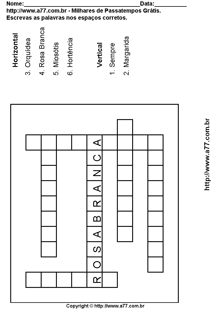 Cruzadinha Para Imprimir com Nomes de Flores