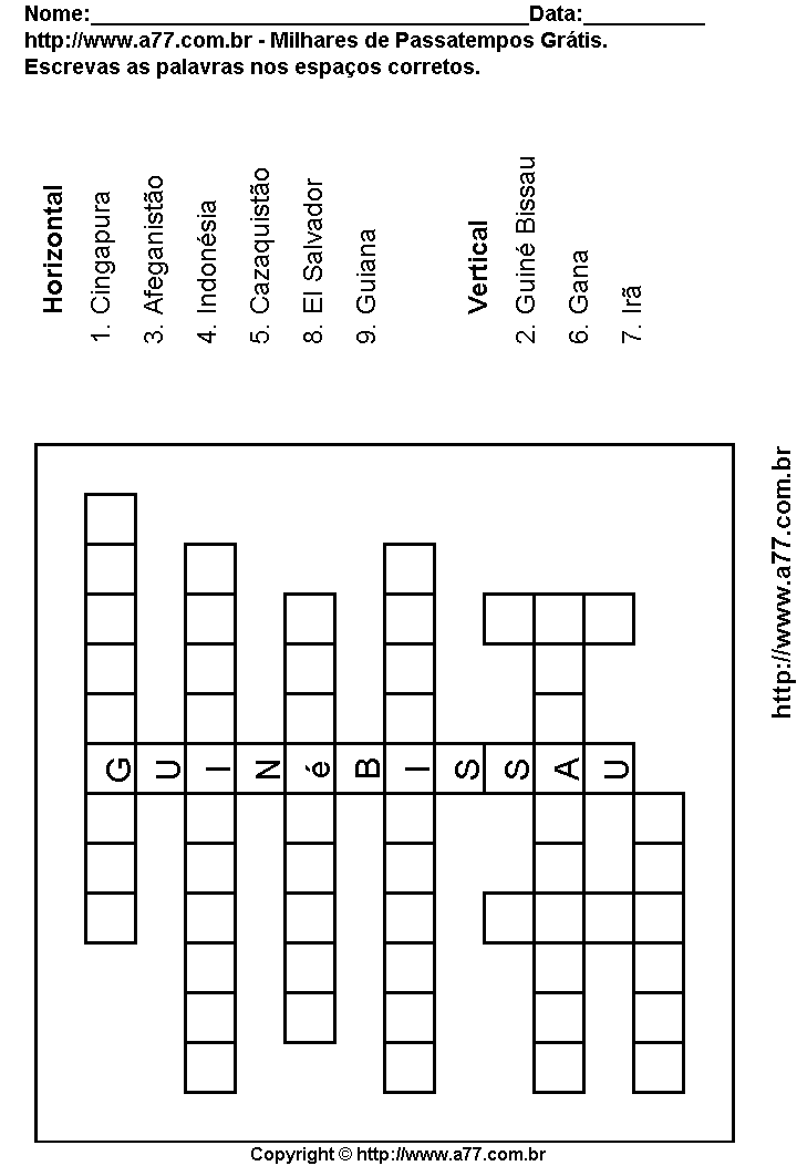 Cruzadinha Para Imprimir com Nomes de Países