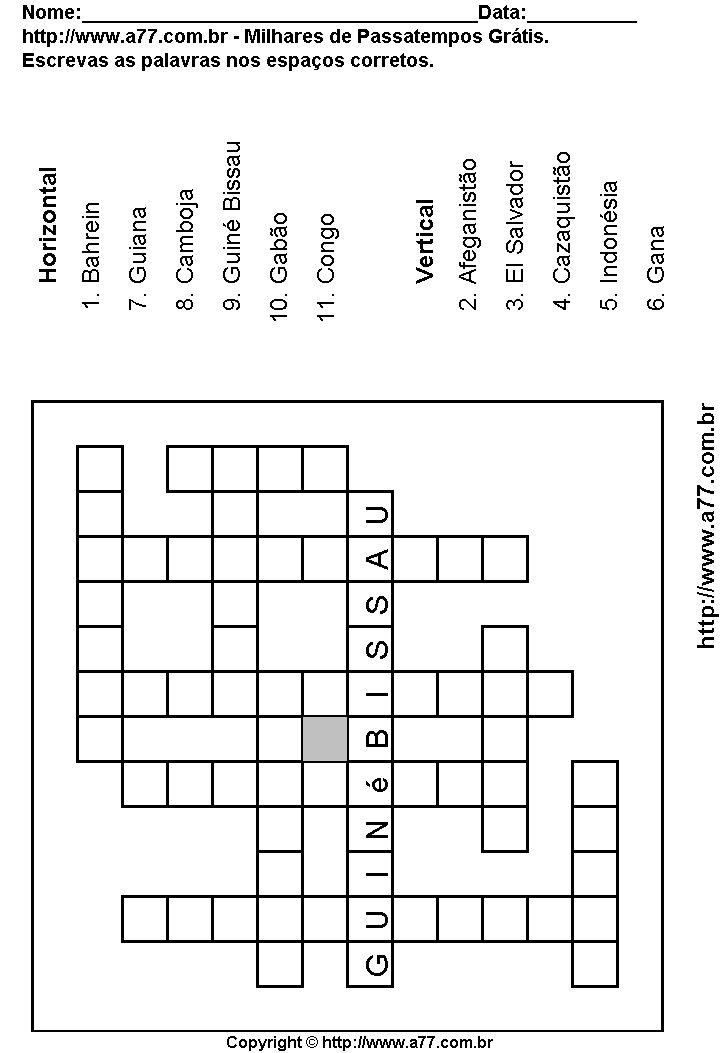 Cruzadinha Para Imprimir com Nomes de Países