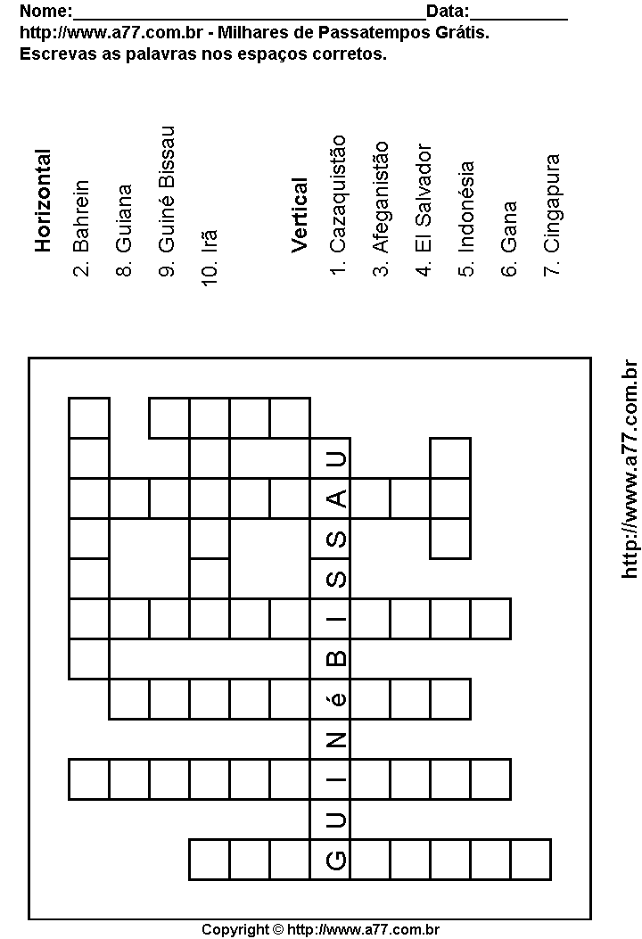 Cruzadinha Para Imprimir com Nomes de Países