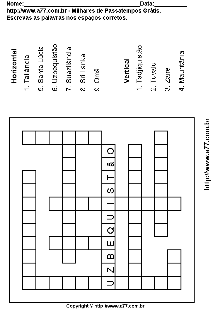 Cruzadinha Para Imprimir com Nomes de Países