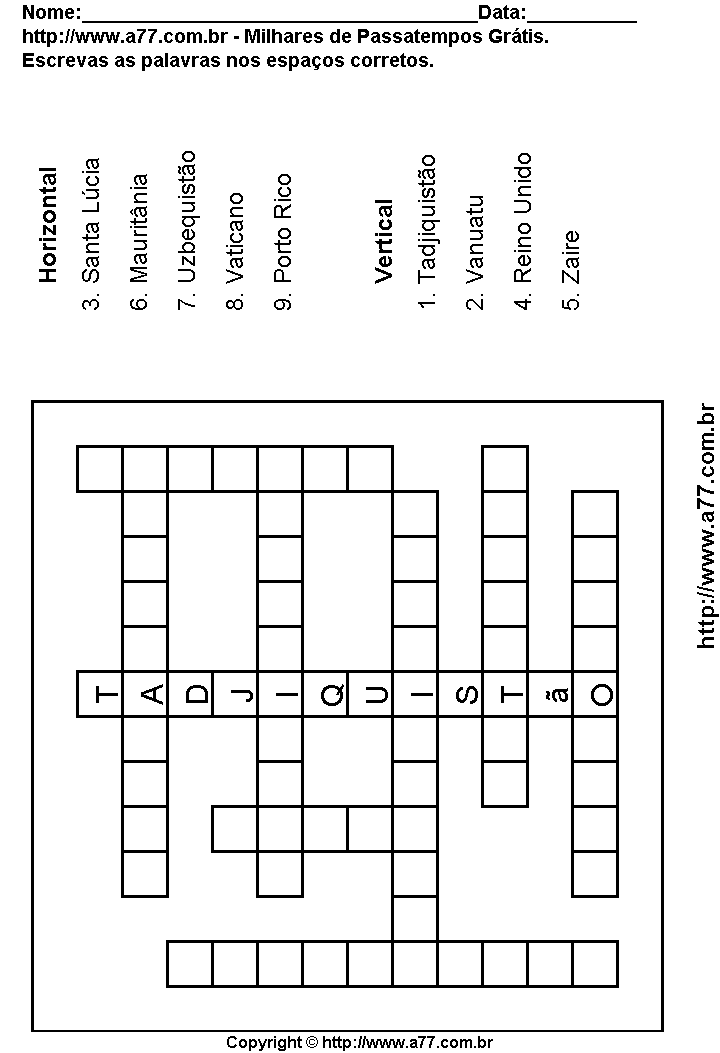 Cruzadinha Para Imprimir com Nomes de Países