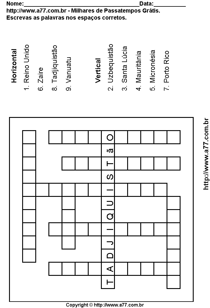 Cruzadinha Para Imprimir com Nomes de Países