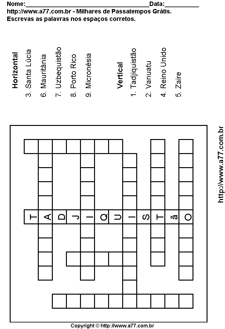 Cruzadinha Para Imprimir com Países