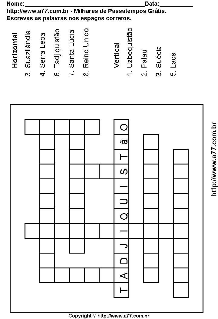 Cruzadinha Para Imprimir com Países