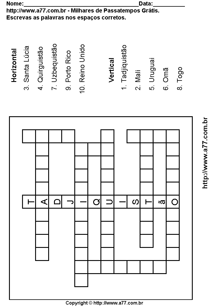 Cruzadinha Para Imprimir com Países