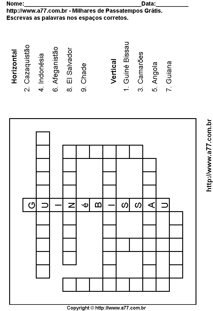 Cruzadinha Para Imprimir com Nomes de Países